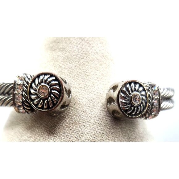 Silver Tone Double Cable Bracelet With Crystal & Filagree End Caps - Cuff - Picture 4 of 5